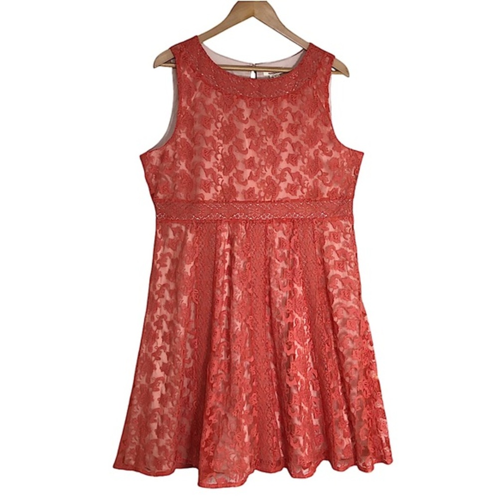 Sundance Cotton Coral Embroidery Lace Sleeveless Fit & Flare Lined Dress 16 / XL